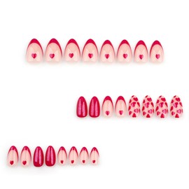 Valentine Fake Nails French Tip Press on Nails Cute Heart Acrylic Nails Medium Almond False Nails Glossy Full Cover Stick on Nails Reusable Artificial Nails Valentine Glue on Nails for Women