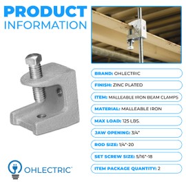 OHLECTRIC 2 Pack - Malleable Iron Rod Support Beam Clamp – Zinc Plated for Corrosion Resistance – 3/4" Jaw Opening – Supports 5/16”-18 Set Screws & 1/4”-20 Rods – Rated for Up to 125 lbs Load Capacity