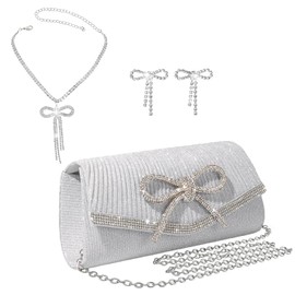 LiveGo Bow Evening Bag Sparkly, Clutch Purses for Women Wedding Glitter, Women's Clutch Bags, Sequin Bag Envelope Handbags Purses for Women Bridal, Matching Sparkly Butterfly Accessories Set (Silver)