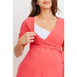 Women's Maternity Wrap Dress Midi Length with Waist Belt (Coral Solid, L)