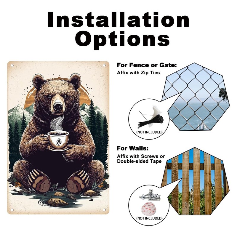DOODLREAM Wall Decoration Rustic Bear Drinking Coffee Tin Sign Retro