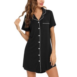 Samring Sleepwear Short Sleeve Nightshirt Sleepshirt Button Front Pajama Top for Women Black XL