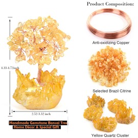 MASGEMES Natural Citrine Crystal Tree of Life,Quartz Cluster Yellow Titanium Base, Positive Energy Feng Shui Bonsai Money Tree Office Desk Home Decor for Wealth and Luck