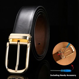 Ousenweiya Mens Belts Leather Reversible 1.25" Black Dress Belt for Men (Gold Buckle Belt, Fits Waist 42"-46")