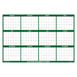 24" x 36" SwiftGlimpse 2025 Wall Calendar Erasable Large Wet & Dry Erase Laminated 12 Month Annual Yearly Wall Planner, Reversible, Horizontal/Vertical, Green
