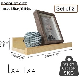 Z metnal Small Decor Shelves, Mini Floating Wooden Display Wall Shelf for Smart Speaker WiFi Collectables, Sauna Shelves, Wood, Wall Mounted, 12 x 5.5inch, 2 Pack