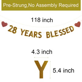 Betteryanzi Gold 28 Years Blessed Banner,Pre-Strung,28th Birthday/Wedding Anniversary Party Decorations Supplies,Gold Glitter Paper Garlands Backdrops,Letters Gold 28 YEARS BLESSED