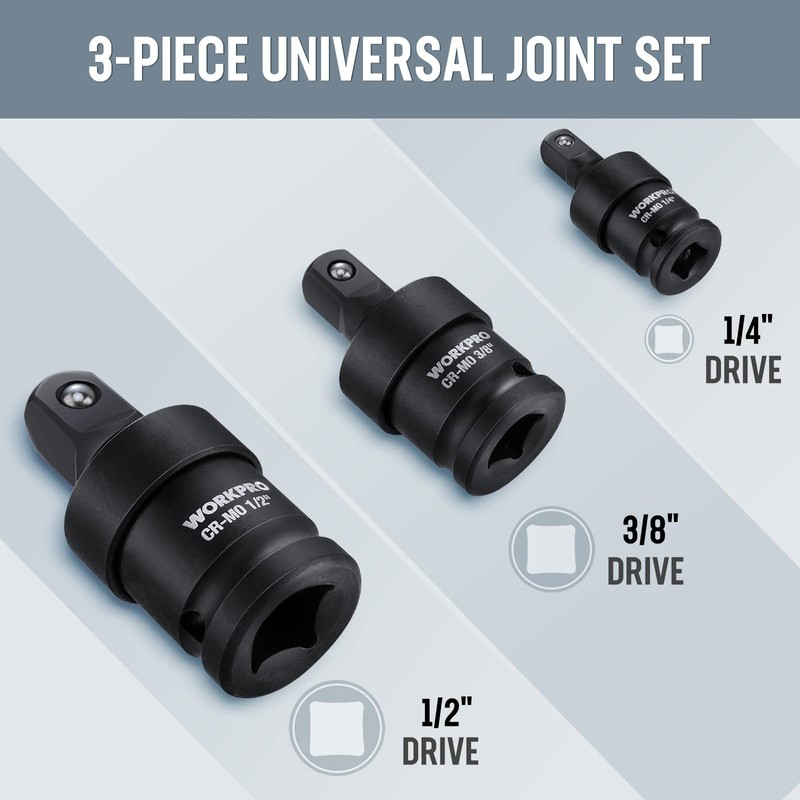 WORKPRO Impact Universal Joint Set, 3 Piece-1/2", 3/8", 1/4"Inch Drive