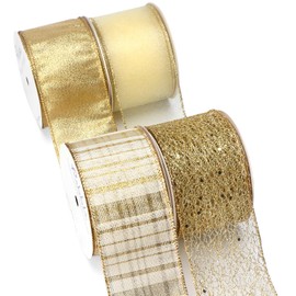Ribbli Gold Wired Ribbon,Metallic Plaid Glitter Mesh Gold Sheer Organza Ribbon,Christmas Ribbon for Crafts,Wreaths,Topper Bow,Gift Wrapping,Tree Decoration-4Rolls 2-1/2 Inch Total 40 Yard