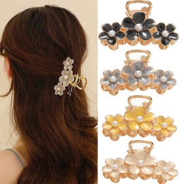 Set of 4 Small Hair Clips, BetterJonny Hair Pins, Small Hair Clips, Flower Hair Accessories, Flower Pearl, Adult Cute and Stylish (Black/White/Gray/Yellow)