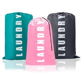 DKDDSSS 3 Pack Large Laundry Bags, Portable Travel Laundry Bags, Foldable Storage Bag with Drawstring Closure, Dirty Clothes Bags Perfect for Home, Travel, Holiday, Camping(Pink&Blue&Grey)