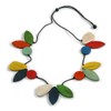 Multicoloured Oval/Round Wood Bead with Black Cotton Cord Long Necklace