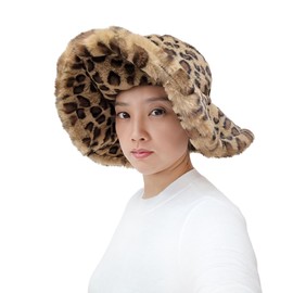 Lina & Lily Oversized Women's Winter Bucket Hat Faux Fur Wide Floppy Brim (Leopard Brown 1)