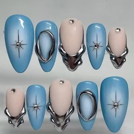 Mkwntg 24Pcs Blue Press on Nails Medium Almond Fake Nails with 3D Rhinestones Design Silver French Tips Acrylic False Nails Blue Full Cover Glue on Nails Chrome Round Glossy Stick on Nails for Women