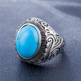 MZC Jewelry Synthetic Blue Turquoise Ring Size 8 Stainless Steel Vintage Oval Statement Biker Band Punk Ring for Dad Mom Men Women