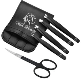 Wishbeauty Tweezers for Eyebrows - Professional Stainless Steel Slanted and Pointed Tip Hair Tweezers Set for Ingrown Hair, Blackhead Removal, Eyelash Extension, Eyebrows Plucking Beauty Tool