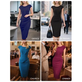 GRACE KARIN Black Dresses for Women 2025 Sheath Ruched Midi Dress Work Business Cap Sleeve Church Bodycon Dress Black L