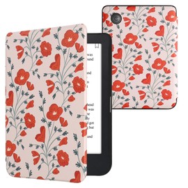 kwmobile Case Compatible with Kobo Clara 2E / Tolino Shine 4 Case - eReader Cover - Poppy Red/Green/Beige