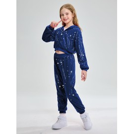 LOLANTA Girls Dance Outfits Sequin Jacket 90s Theme Sparkly Banquet Outfits School Stage Performance (Royal blue, 6-7 Years)