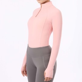 Harrison Howard Equestrian Tops Female Long Sleeve Half Mesh Arm Design Quick-Dry Summer Top with Smart Shoulder Lines & Stylish Neckline for Women, Orange Pink, Large