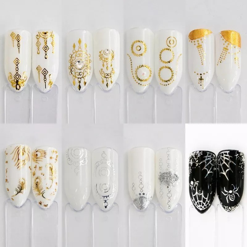 Gogox 30hojas Pegatinas Decoración Uñas Láser Dorado Plata Sticker