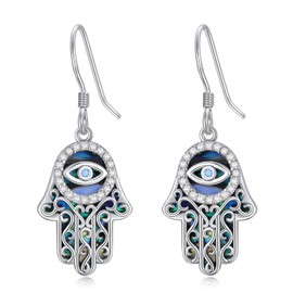ONEFINITY Hamsa Earrings 925 Sterling Silver Hamsa Hand Dangle Earrings Abalone Shell Evil Eye Protection Jewellery Gift for Women