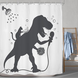 LGhtyro Kids Funny Dinosaur Shower Curtain Bathroom Set 71Wx71H Inches Boys Dino Cat Trex Raptor Animal Shadow Silhouette Bath Cartoon Bath Accessories Black White Art Home Decor Fabric 12 Pack Hooks