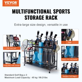 VEVOR Golf Bag Organizer Storage, Golf Rack, 3 Golf Bag Holder, Golf Sports Equipment Organizer for Garage, Outdoor Sport Gear, Toy Storage, Baskets & Hooks & Wheels, Steel