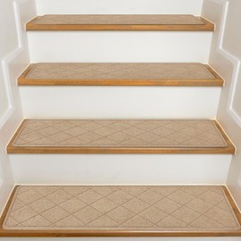 KOOTETA Stair Treads for Wooden Steps Indoor, 8" X 30" Non Slip Carpet Stair Treads with Reusable Adhesive for Kids Elders and Dogs, Surface Polyester TPR Backing Stair Rugs, 4 Pack Beige