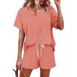 WIHOLL Two Piece Outfits V Neck Tops and Shorts Pajama Set for Women Orange L