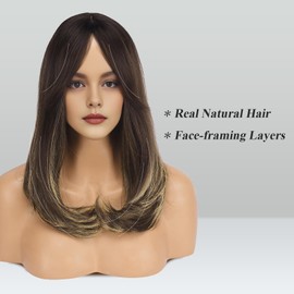 FESHFEN Long Wigs with Fringe, Women's Wigs Ombre Brown Blonde Synthetic Hair Natural Look Synthetic Hair Wig for Women for Daily Party Cosplay 45 cm