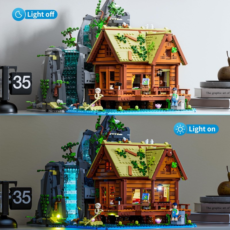Lumibricks Waterfall-Cabin Lighting Building-Bricks Set - 2539 Pcs Retro Waterfall