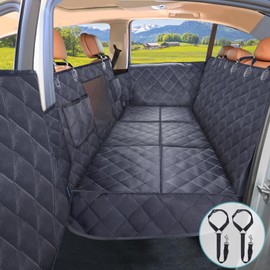 Back Seat Extender for Dogs + 2 Dog Seat Belts, Waterproof Heavy Duty Hard Bottom Car Seat Cover for Dogs with Door Protector Cover & Mesh Window | Dog Hammock for Car Pet Seat Protector for Car/Suv