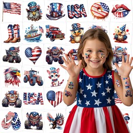 JoyfulGlam 4th of July Tattoos for Kids - 60+ PCS American Flag Temporary Tattoos, USA Fourth of July Patriotic Party Supplies, 4th of July Party Accessories & Favors, Makeup Face Stickers