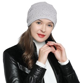 DonDon Women's Slouch Beanie with strass rhinestones and soft inner lining - Light grey