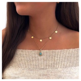 Cimenexe Bohemian Layered Waterdrop Turquoise Choker Necklace Teardrop Turquoise Pendant Necklace Gold Tiny Coin Dangle Necklace Turquoise Bead Necklace Jewelry for Women and Girls