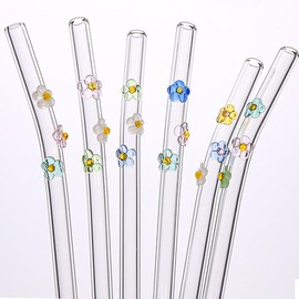 8 Pcs Glass Straws With Bows Charms, Cute Fun Reusable With Design Clear Bent Straws, With 1 Pcs Straw Brush for Party Drink Cocktail (6 Pcs Flower)