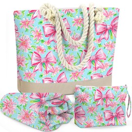 Beach Bags for Women, Beach Towel, Wet Bag Cosmetic Bag, Pool Waterproof Shoulder Tote Bags, Pocket Zipper Summer Travel Essentials, Gifts for Women Birthday - Pink Bow and Flower（3-Piece Set）