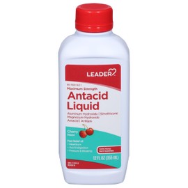 Leader Maximum Strength Antacid Liquid with Aluminum Hydroxide, Simethicone, Antacid/Antigas for Heartburn, Acid Indigestion, Pressure & Bloating, Cherry Flavor 12 FL oz
