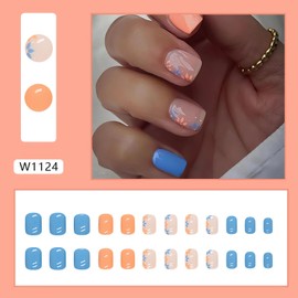 Short Press on Nails Square Fake Nails Blue Orange Flowers Glue on Nails Spring Summer Nail Art Decorations Glossy Full Cover Acrylic False Nails Short Square Stick on Nails 24Pcs
