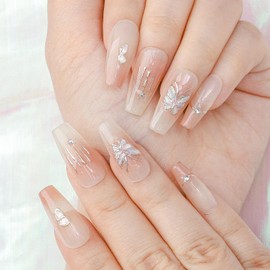 Sethaxy 10 Pieces Handmade Nail Tips, Ballerina Long Tips, Rhinestones, Butterflies, Press On Nails, Clear, Gradient, False Nails, Butterfly Pattern, 3D Relief, Long, Mature Nails, Gal Pink, Fake