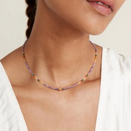 KissYan Beaded Choker Necklace for Women, Coloful Boho Bead Gemstone Chain 14K Gold Plated Healing Natural Stone Pendant Summer Beach Jewelry Gift, Stainless Steel, No Gemstone