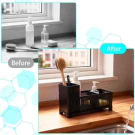 ZHABAYEN Sink Organizer, Black Sponge Holder with Scrub Brush Holder, Removable Kitchen Countertop Organizer, Kitchen Sink Caddy for Storage Essentials
