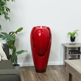 Alpine Corporation Alpine Corporation DIG100XS-RD Outdoor Floor Antique Jar Water Fountain with LED Lights, Vintage Light Waterfall, 33", Red