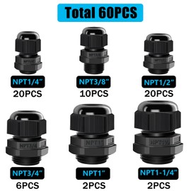 maierke 60PCS Cord Grip Cable Glands Kit,Cable Gland Waterproof Adjustable NPT 1/4” 3/8” 1/2” 3/4” 1” Nylon Strain Relief Cord Connectors Black With Gaskets