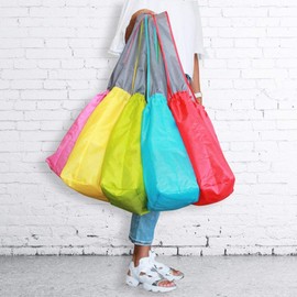 EcoJeannie 2 PK Ripstop Nylon Foldable Draw-String Reusable Grocery Shopping Bag, Built-in Pouch & Pocket (Blue & Red)