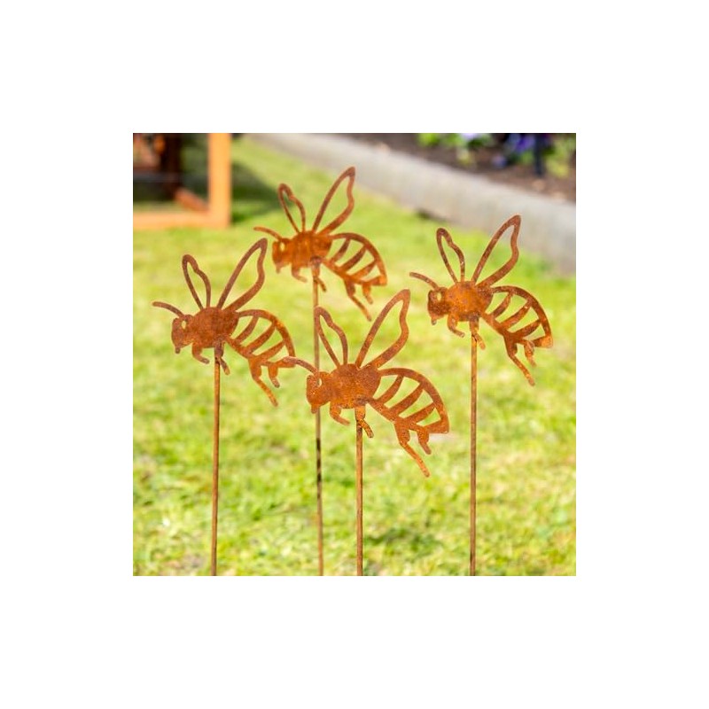 Set Of 4 Rusty Bee Garden Stakes 8x38cm Steel Metal