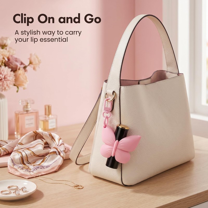 4PCS Butterfly Silicone Lipstick Holder Keychain, Fit Lip Balm/Lip Tint