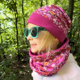 Wollhuhn Eco Lightweight Soft Girls/Children's Beanie Hat Cuffs Elastic Transition Period / Summer Jersey Cotton (Eco Fabrics, Organic) (Flowers Berry, M) 20150225, Flowers Berry