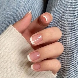 Natural White French Press On Nails - IKISKT Fashion Acrylic False Nails, Glue On Nails with Jelly Glue Sticker,Fit Perfectly & Natural Stick On Nails - 24PCS Soft UV Gel Fake Nails Kit